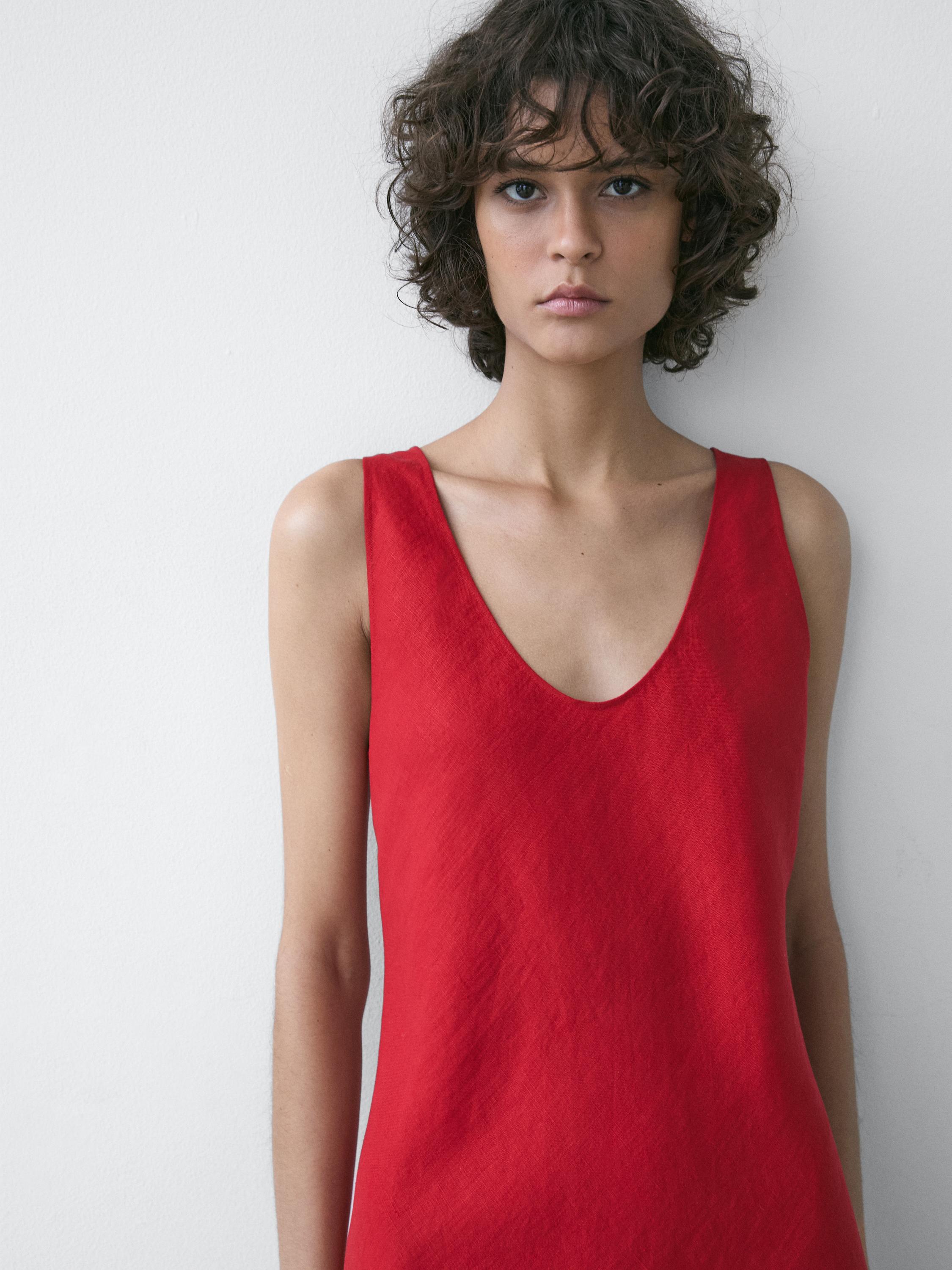 100% linen strappy midi dress